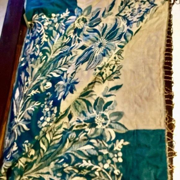 Pashmina Floral Scarf in blue-green and Cream